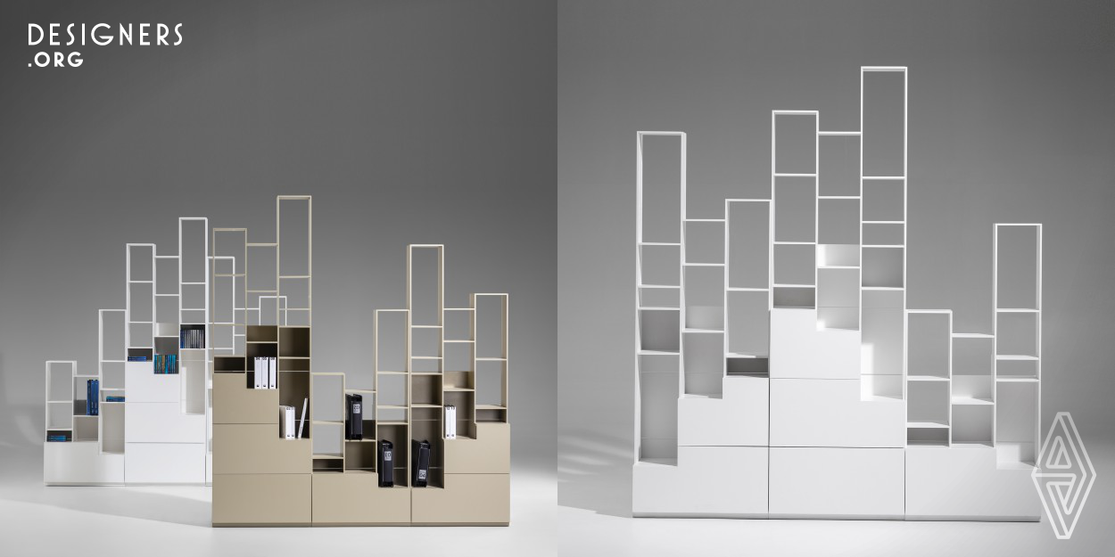 The dynamic outline of this shelf system evokes the skyline of an urban landscape – spacious and massive at the bottom, broken and fragmented at the top, with a continuous horizontal base. Different configurations and dimensions are realized through the simple combining of the modules. Sfumato is a modular, stand-alone or wall shelf system for your small items. Those you want to exhibit or hide, either with a play of shadows or closed doors.