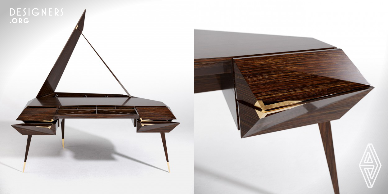 The desk imitates the grand piano with three legs, a drop-leaf cover and with its shape. It has a modern parametric design with rustic finish. It was tried to preserve the elegance and charm of the piano while trying to make it as functional as possible. The goal was that through the visual modality the desk bring the auditory modality and musicality into homes. So across the intermodality it symbolizes the the flow experience of music and creative process.