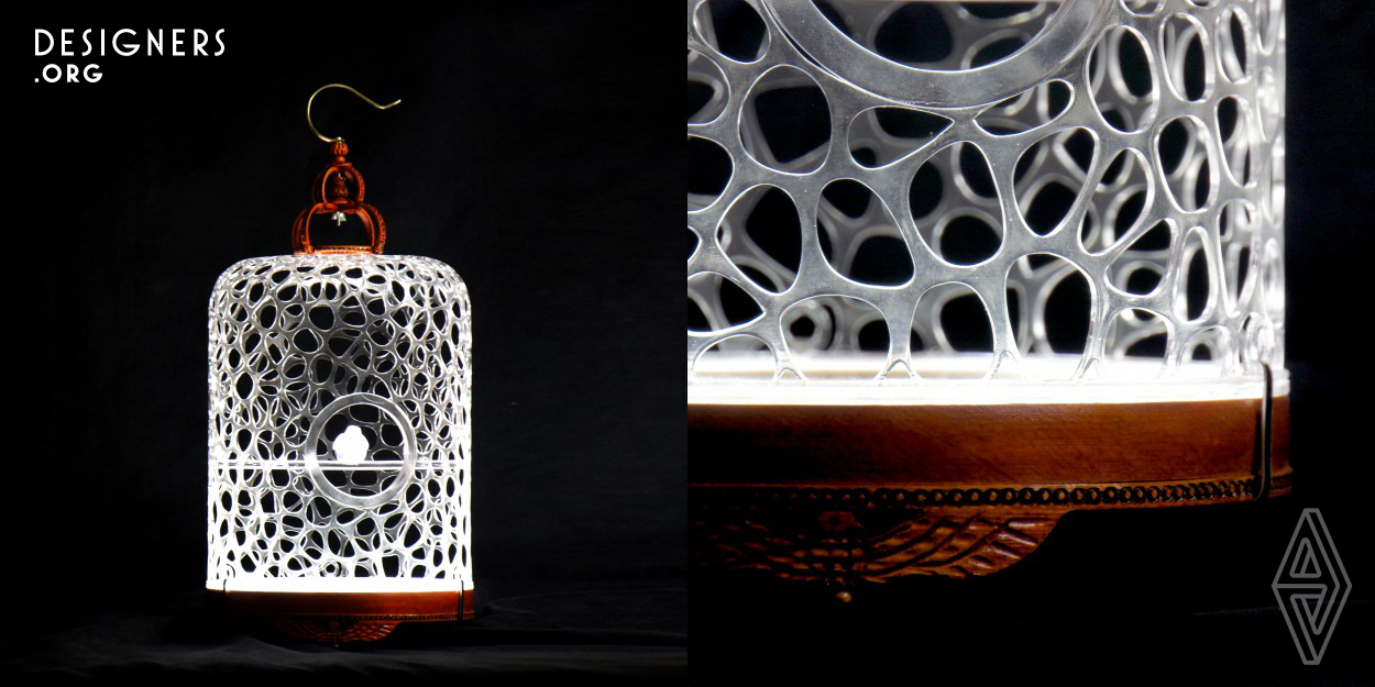 The sculptural design aims to preserve diminishing craftsmanship of traditional bird cage making with a contemporary improvisation. It resemble the collective memory of aged people for relieving Alzheimer's Disease. The design brings a bold propaganda of attention to the cultural heritage as well as awareness to elderly through the seamless assimilation between modern technology and traditional craftsmanship. This retrofit resin 3D printed birdcage aims to relieve Alzheimer's Disease progression via triggering social mingling and story telling by elderly in aged homes.