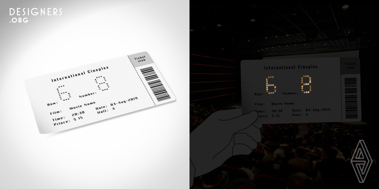 To find your seat in a dark movie theater, you need to see the movie ticket to confirm your seat number. If you turn on the flashlight in the dark, it will affect others. A USES hollow-out printing technology to print out the seat number and row number on the paper. Users only need to point the movie ticket at the glowing screen to see their seat number clearly, which is convenient and fast and will not affect other audiences.