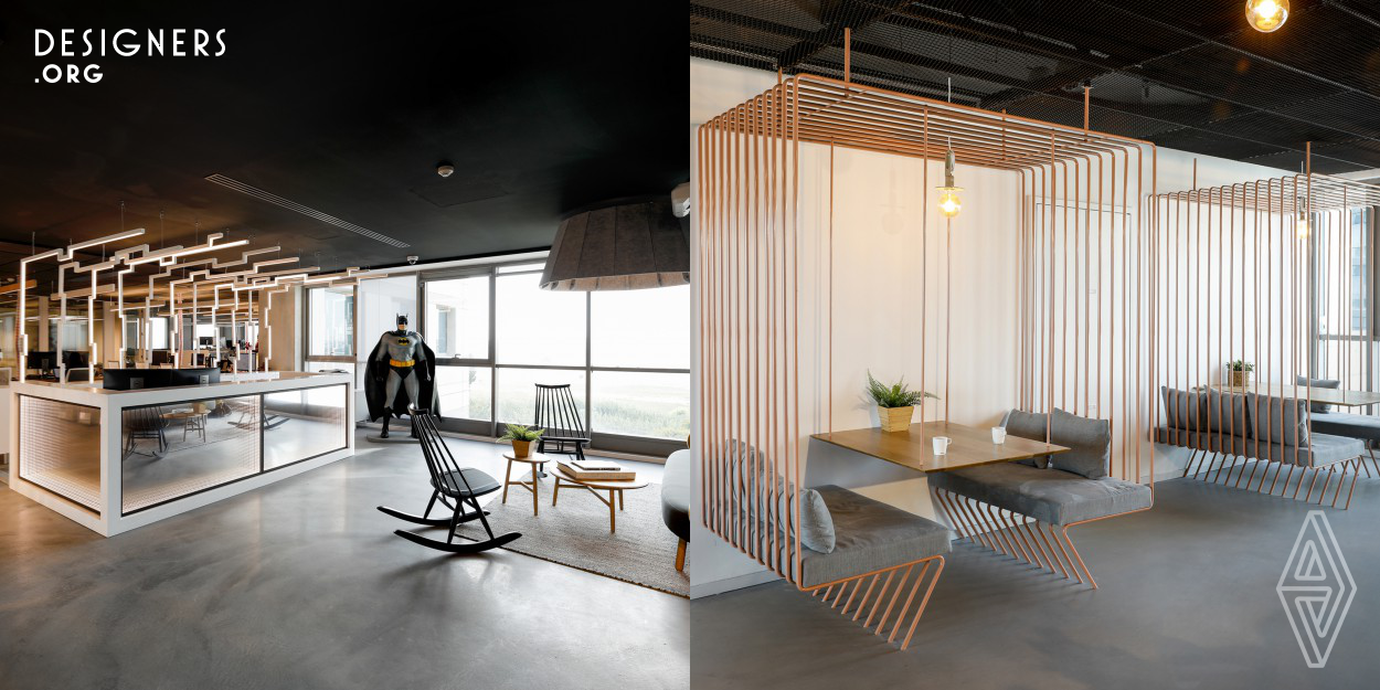 Shirli Zamir Design Studio designed Infibond's new office in Tel Aviv. Following research regarding the company's product, the idea was creating a workspace that asks questions about the thin border that differs reality from imagination, human brain and technology and finding how all these connect. The studio searched for the correct dosages of the use of both volume, line and void that will define the space. The office plan consists of manager rooms, meeting rooms, a-formal salons, cafeteria and open booth, closed phone booth rooms and working open space