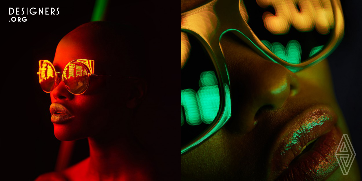 The emphasis of the series is on the different sunglasses worn by the model in every image, bathed in vibrant neon lights from signboards on the streets at night. Consequently the images are strongly biased to the color tones of the specific neon lights near the model, creating interesting low key results 