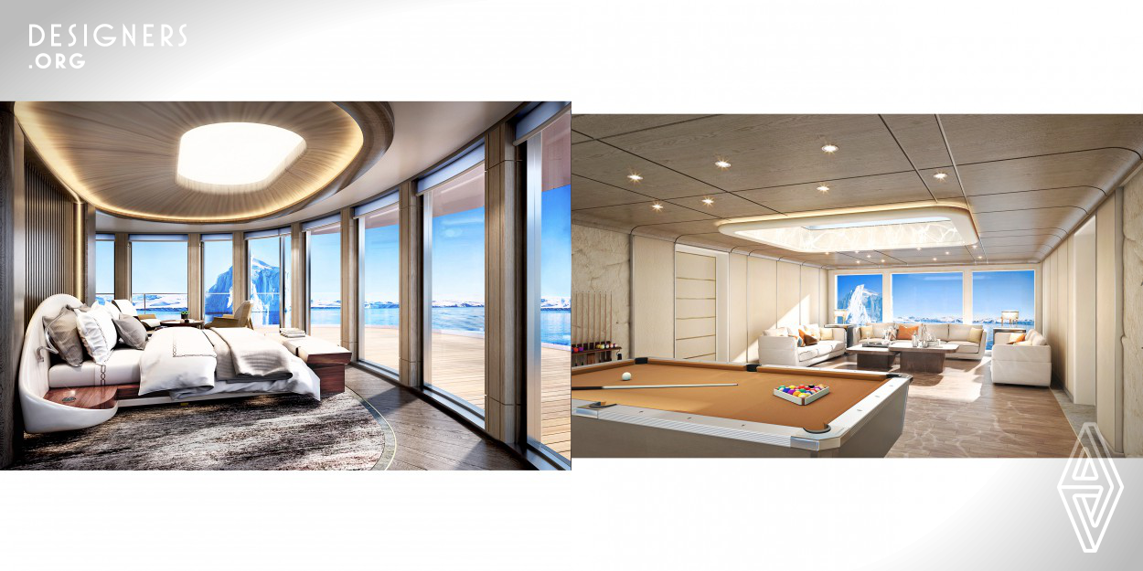 As a luxury yacht project, the space highlights the rounded shape that corresponds to the appearance of the yacht. The entire interior is constructed with a circular surface, which conveys a feeling of embracing the yacht, sky and ocean. The yacht seems to be a glowing and delicate glass ball floating on the ocean. The overall design is refreshing in color.