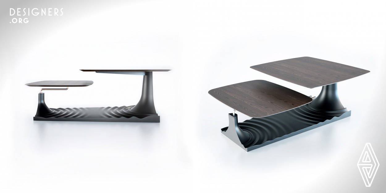 The middle tables that used usually take place in the middle of the spaces and cause difficulty with the approach problems. For this reason, the service tables are used to open this gap. In order to solve this problem, Yılmaz Dogan has combined two functions in the design of Ripple and developed a dynamic product design which can be both a middle stand and a service table, which travels with an asymmetric arm and moves in the distance. This dynamic motion coincided with Ripple's fluid design lines reflecting from nature with the variability of a drop and the waves formed by that drop.