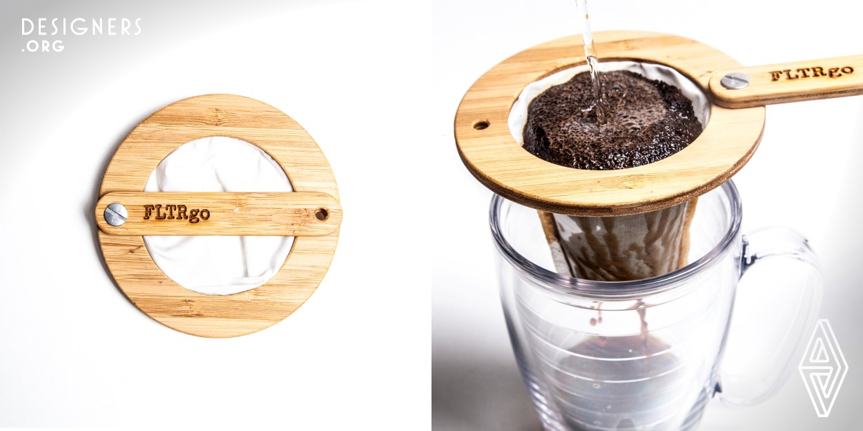 A reusable and collapsible coffee filter for making drip brewed coffee on the go. It is compact, lightweight and uses renewable materials: a bamboo frame and handle, and ethically-sourced organic cotton (Global Organic Textile Standard certified). A broad bamboo ring is used for placing the filter on a cup, and a rounded handle for holding and moving the filter. The filter is easy to clean with water only.