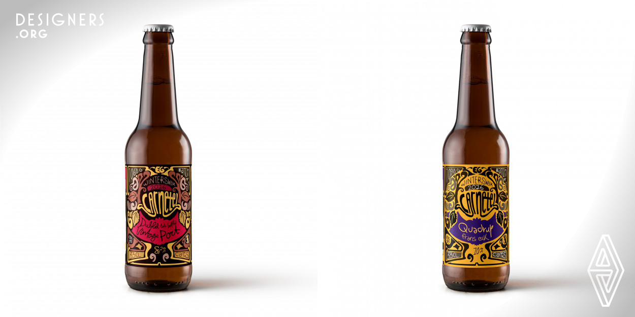 A beer label design in Art Nouveau style. The beer label also contains many details about the brewing process. The design also fits on two different bottles. This can be done simply by printing the design on 100 percent display and 70 percent size. The label is connected to a database, which ensures that each bottle receives a unique filling number. 
