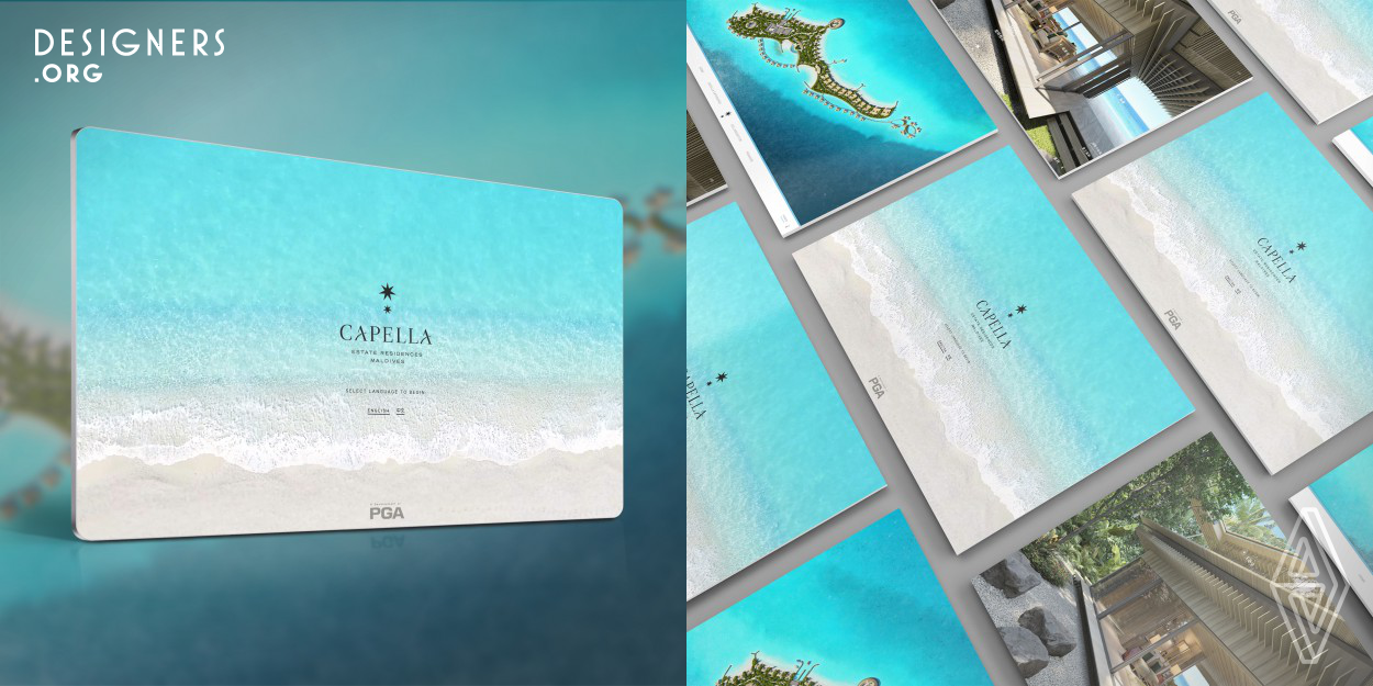 This interactive touch screen media was developed so that essential information on Capella Maldives could be presented in a unique and engaging manner. Interior design renderings of the actual resort in development as seen in the interactive media were also done by VMW Group with professional 3D modelling and lighting software with proprietary pipelines. Main design inspiration came detailed study of many contributing factors such as Maldive’s geographical location and its unique features, culture and even to a certain extent its cuisine and flora and fauna. 