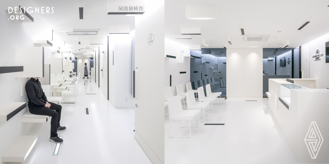The Panelarium is the new clinic space for Dr. Matsubara one of the few surgeons certified to operate the da Vinci robotic surgeries systems. The design was inspired from the digital world. The binary system components 0 and 1 were interpolated in the white space and embodied by panels that jut out from the walls and ceiling. The floor follows also the same design aspect. The Panels although their random appearance are functional, they become signs, benches, counters, bookshelves and even door handles, and most importantly eye-blinders securing a minimum privacy for the patients.