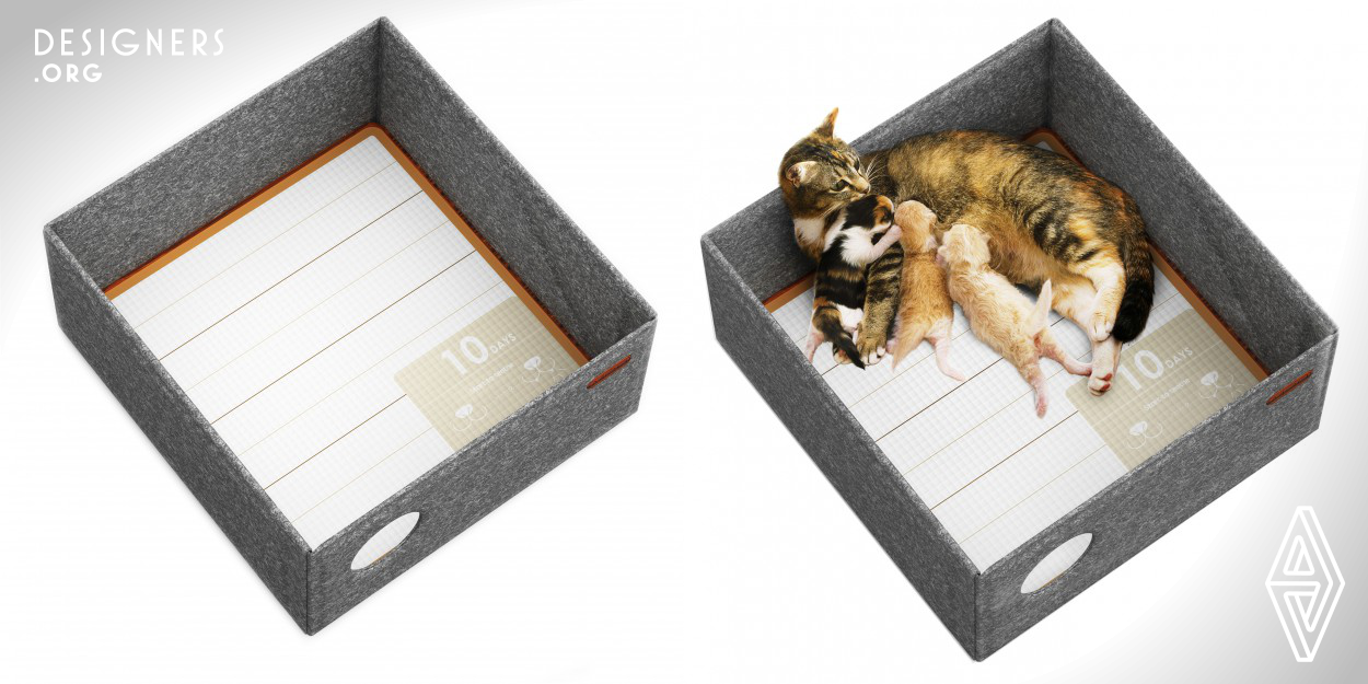 This is a foldable cat box for cats to take care of their kittens. People usually make a carton as a contemporary cat box when the cat is about to give birth, which is unhygienic and occuppied the space after being used. In this design, the way of folding allow people to quickly store it. The box is placed with urinal pads printed with numbers, which could inform the owners the birth days of kittens and remind the owner to change the mattress in time to keep hygienic. Each mattress has important tips for the growth of kittens, so that people can help the cats to raise kittens. 