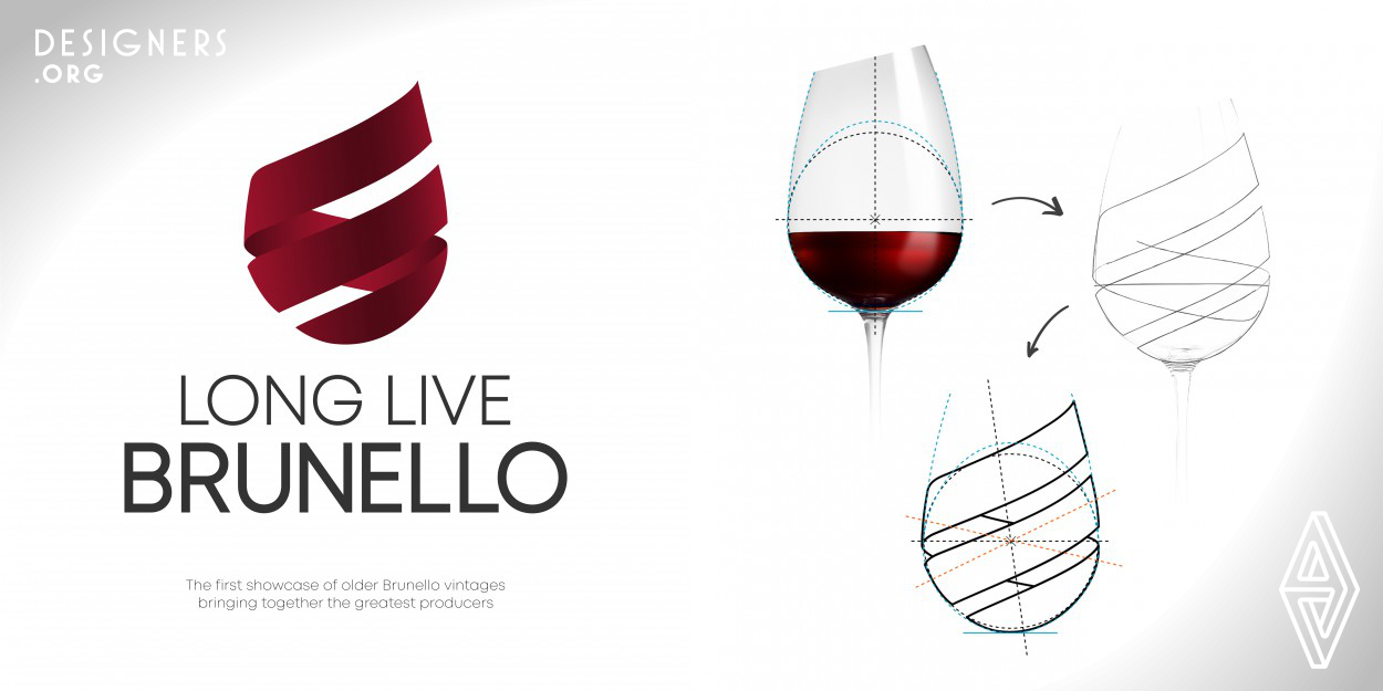 Designed for a showcase of vintage wines held in Montalcino (Italy), the logo of Long Live Brunello recalls the world of oenology with a symbol in this field: a glass of red wine generated by two ribbons that wrap in a spiral rising upwards evoking the image of the beverage shaked inside the goblet by sommeliers to grasp its essence and its aroma, but also the time spent for aging it. Also the color, a brown ruby red, selected from the true tone of aged wine, recalls its characteristic.