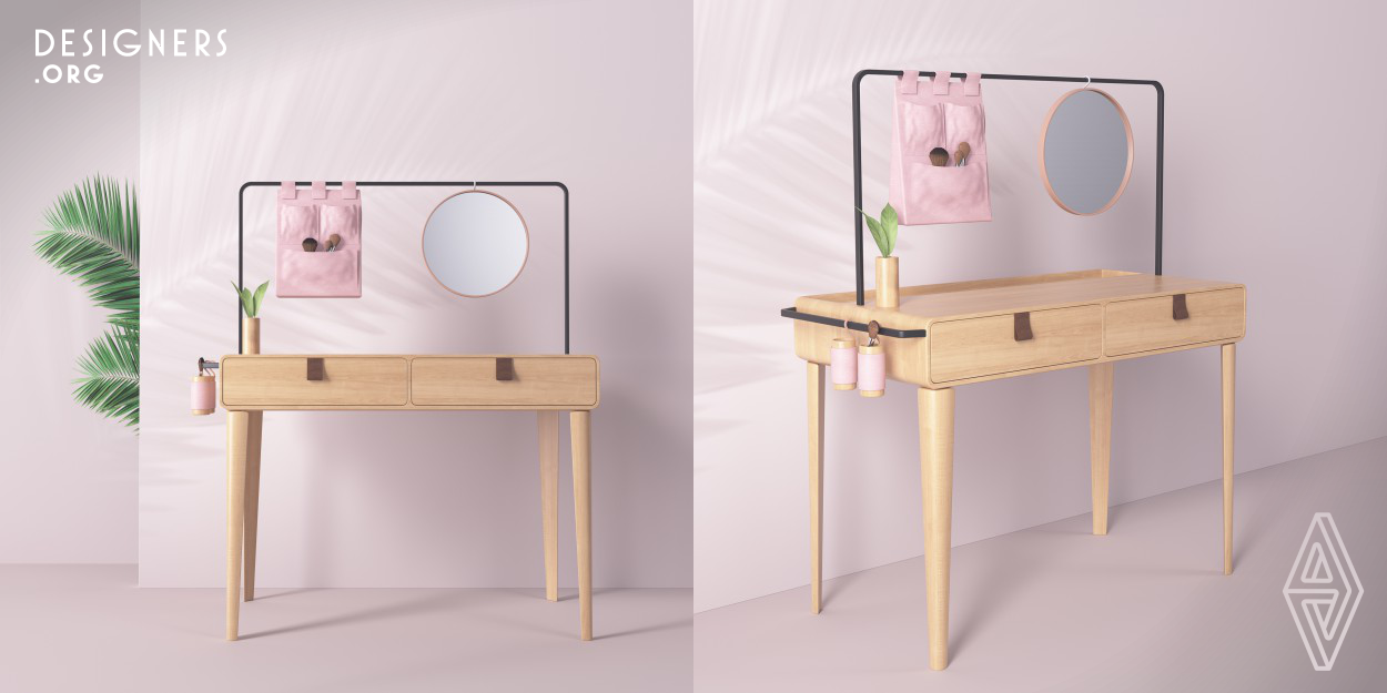 With Scandinavian design, the dressing table was created to circulate in women's bedrooms and closets. It uses simple lines, rounded corners and light wood, to keep the look clean. It features two-tone leather details: brown and pink quartz, plus metal frame and a mirror to assist women in their daily routine. It has the simplicity of the Scandinavian lines and well feminine curves, to valorize the wood of reforestation. Only the essentials.