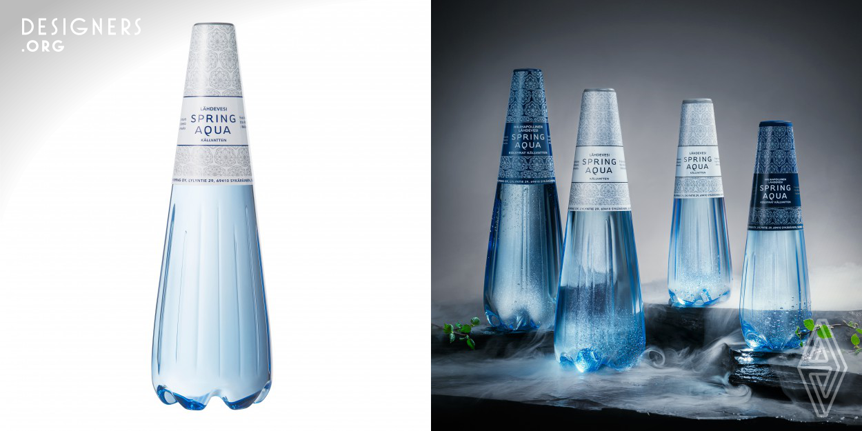 Spring Aqua Premium is a combination of award-winning Finnish spring water and timeless, Scandinavian package design. The cone-shaped water bottle is an eye-cather which brings a touch of luxury to celebrations as well as everyday life. The bottle shape together with small finishing touches such as the diamond-patterned label and champagne-inspired opening technique give the package its character. The bottle is made of fully recyclable pet plastic. It is functional for the consumer to open and drink from, efficient to produce and durable to ship all over the world. 