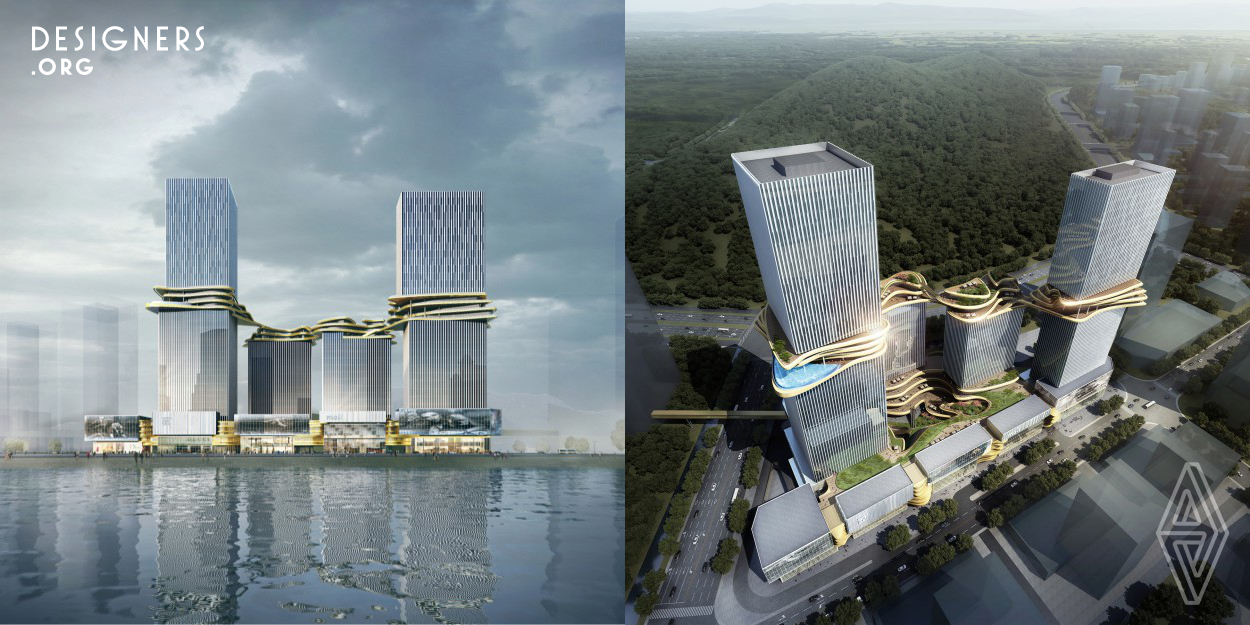 Hengqin CRCC Plaza features a signature sky bridge which symbolises integration, connection and communication that links all four towers within the development and offers office, retail and leisure facilities as well as outdoor terraces. Orientation of the buildings take full advantage of the site and surroundings. The two taller Grade-A office towers occupy the southeast and northeast corners of the site, standing at road intersections with better land values and views.