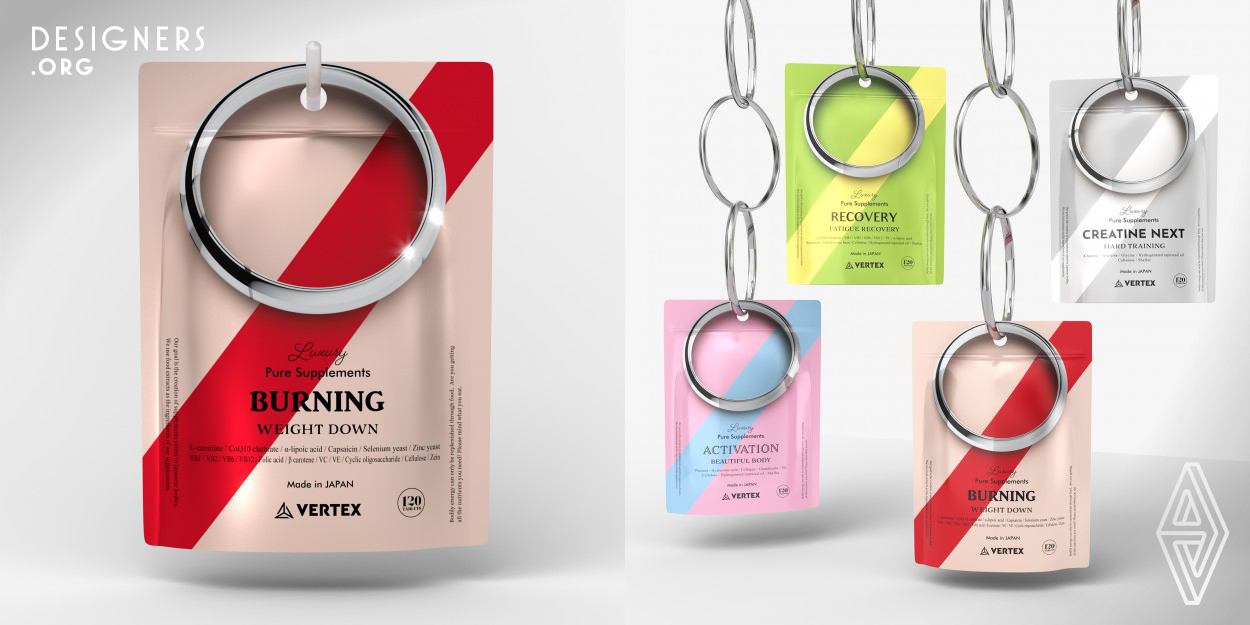 Pouch type supplements in many cases are hung on hooks when put on display. Here, they placed a 3D ring motif at the top of the package to make it appear that both the supplement package and the ring are hung on the hook to create an impressive, premium appearance. Just as the ring in the Vertex Supplements package design is called a "Promise Ring", they promise the supplements will assist in transforming the current you into the ideal you of the future and thus expresses Vertex's promise of quality and corporate vision to consumers.