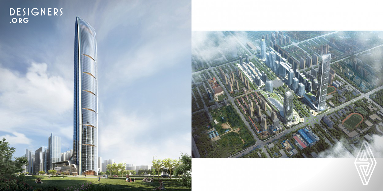 Gate of the World is a large-scale mixed-use project in Shijiazhuang. The 450m tower design is inspired by the core spirit of Chinese Philosophy: the Unity of Heaven and Man. The design reflects the curvy form of Chinese zither and the rhythmic flow of long dancing sleeves. The 4-storey podium consists of high-end retails, a healthcare center, an ice-world, an urban living room and a conference center with a greenhouse garden. 6 sky gardens on different levels offer unique vertical urban spaces. The new landmark will redefine the city skyline.