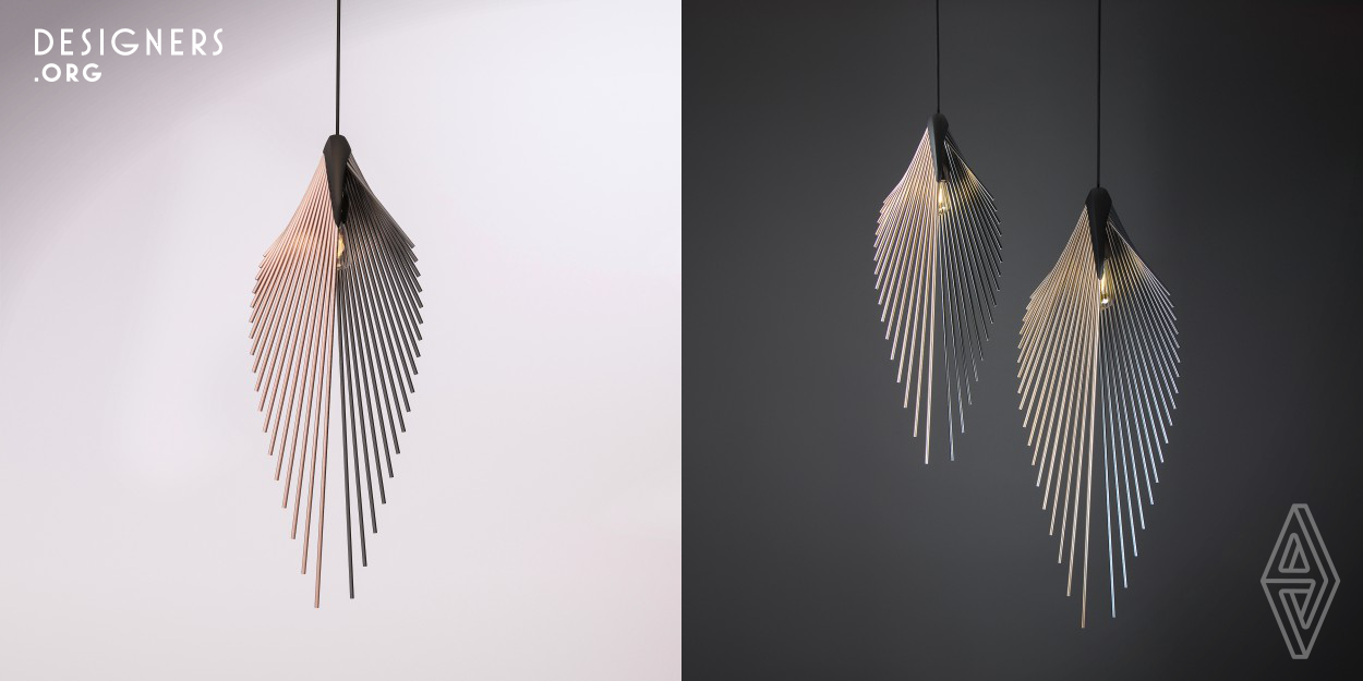 Influenced by palm leaves, the designer created an elegant pendant light that gives a different impression from every viewing angle. The unique shape of this fixture makes it a captivating and outstanding element of any room. This effect gets emphasized by the ever changing tones and colours of the poles that vary according to the light conditions.