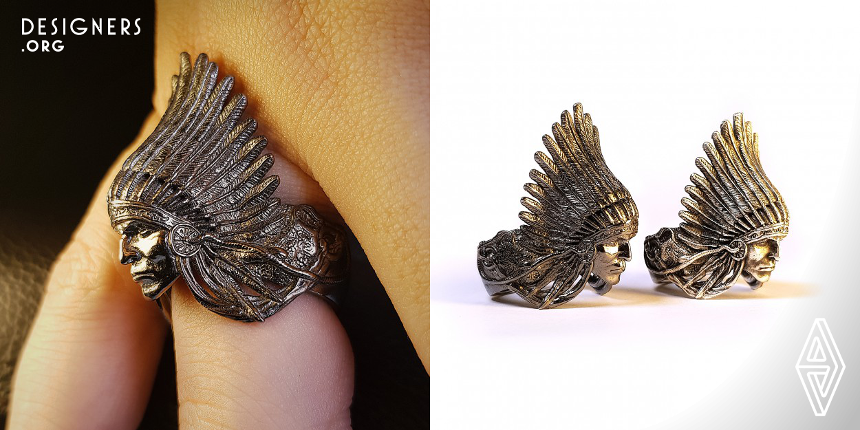 This piece feature the iconic image of the Red Indian Chief, inspired by real life Native American Indian Chief, Sitting Bull whose prophetic vision foretold the defeat of the 7th Cavalry. The ring captures not only the details of the icon, but exemplify its spirit and leadership. Carefully crafted to show the beautiful culture of the indigenous American. The feathers on the headdress is designed to wrap around your knuckle so it will fit comfortably on your finger, despite its pronounced appearance. 