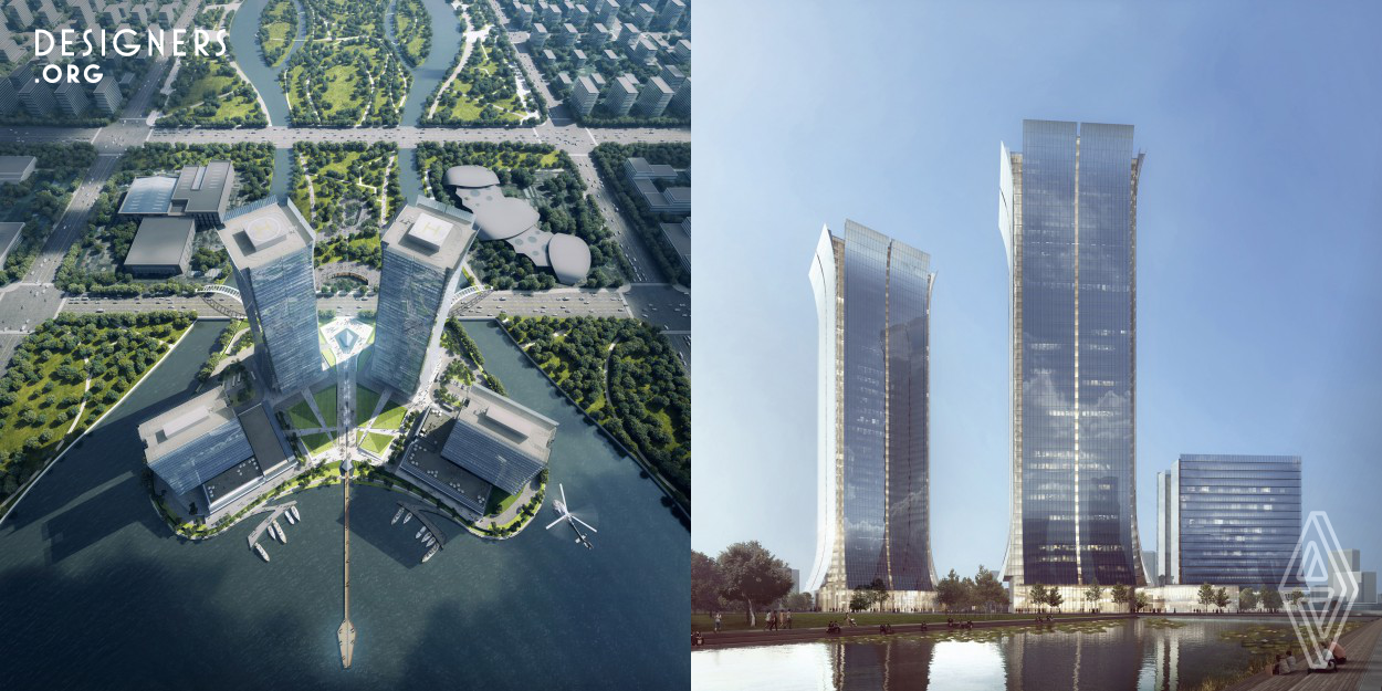 The project is located in the International Garden Expo of Zhengzhou Airport District. As local landmark and the most important development, the design fully considered Zhengzhou traditional culture and fast-speed logistic economy bloom. Facing the Double-Crane Lake, the project master layout plan has fully make use of the lake view for the tower orientation by rotating the footprint 30 degrees which also avoids tower overlooking. 