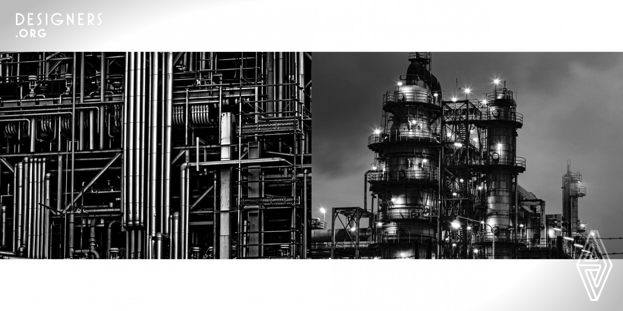 The site is at the Keihin Industrial region in the outskirt of Tokyo. Smoke billowing consistently from chimneys of heavy industrial factories may depict a negative image such as pollution and materialism. However, the photographs have focused on the different aspects of the factories portraying on its functional beauty. During the day, pipes and structures create geometric patterns with lines and textures and scale on weathered facilities creates an air of dignity. At night, the facilities change to a mysterious cosmic fortress that of sci-fi films in the 80's.