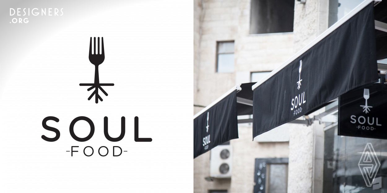The black-and-white monochrome logo resembles a fork with a modern, minimalist root system. The name of the restaurant Soul Food resonates with the menu of the restaurant, which combines Southern-style BBQ sliders and fried chicken on waffles with traditional Middle Eastern ingredients like pomegranate molasses, sumac, and tahini. In response, the design explores the connection between food, represented by the fork, and culture, represented by the roots. The logo is incorporated throughout the brand identity of the restaurant based in Amman, Jordan.