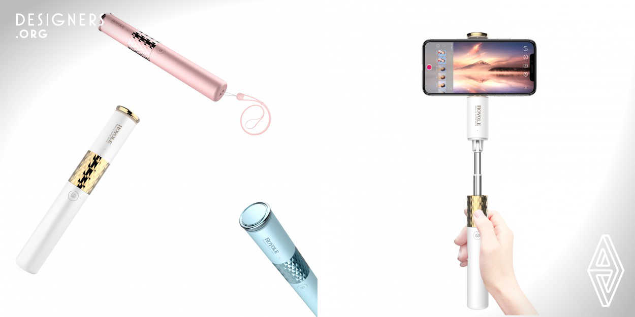 This is a funny, intelligent Beauty Selfie Stick and it is also a fashionable accessory of mobile phone. The selfie stick applies a new sensor technology called flexible sensor, which can receive one tap, double taps and sliding operations. Just like a mouse, a small sensor can create different interactions and achieve to remote control functions of APP. The appearance design is attractive and exquisite. The sensor is designed as rhombus texture and the clip for clamping mobile phone is hidden in the cylinder, as a part of selfie stick. 