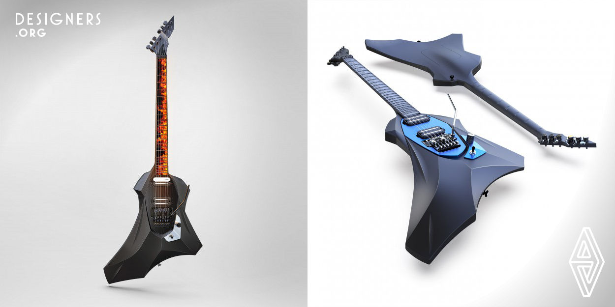 The black hole is a multi functional guitar based on hard rock and metal music styles. The body shape gives the guitar players feeling of comfort. It's equipped with a liquid crystal display on the fretboard to generate visual effects and learning programs. Braille signs behind the guitar's neck, can help people who are blind or have low vision to play guitar.