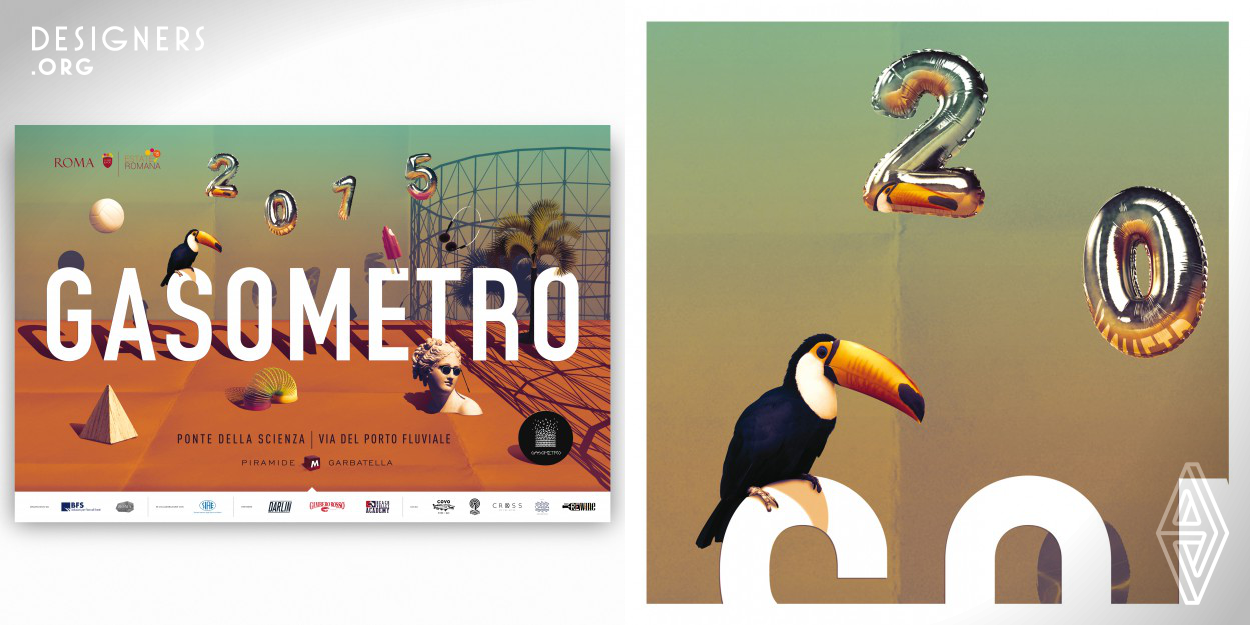 This printed advertising was made for a summertime event in Rome, 2015. A nightlife event where food, drink, music and culture are the core of it. The ad is a mix of iconic symbols that floats around the big typography Gasometro creating a surrealistic mood, every symbol suggest a category and none of them is casual. The color palette refers to a summer sunset sky that is exactly the moment when the event starts. Another relevant symbol is the shadow on the background: it shows the Gasometro, a historical structure in the location that gives the name at the event.