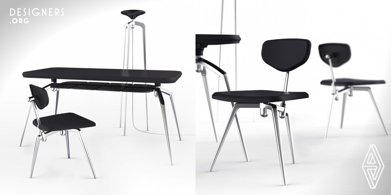 This product is a kind of dining room furniture design that merges biological form, according to the ergonomic principle, incorporate spider form into it which have reasonable function and simple lines. The aesthetic feeling of biological form is integrated into the design to meet the functional requirements of tables and chairs. Material selection of steel and plastic, easy to form a strong color contrast. The difficulty lies in the study of the form of design and the use of materials.
