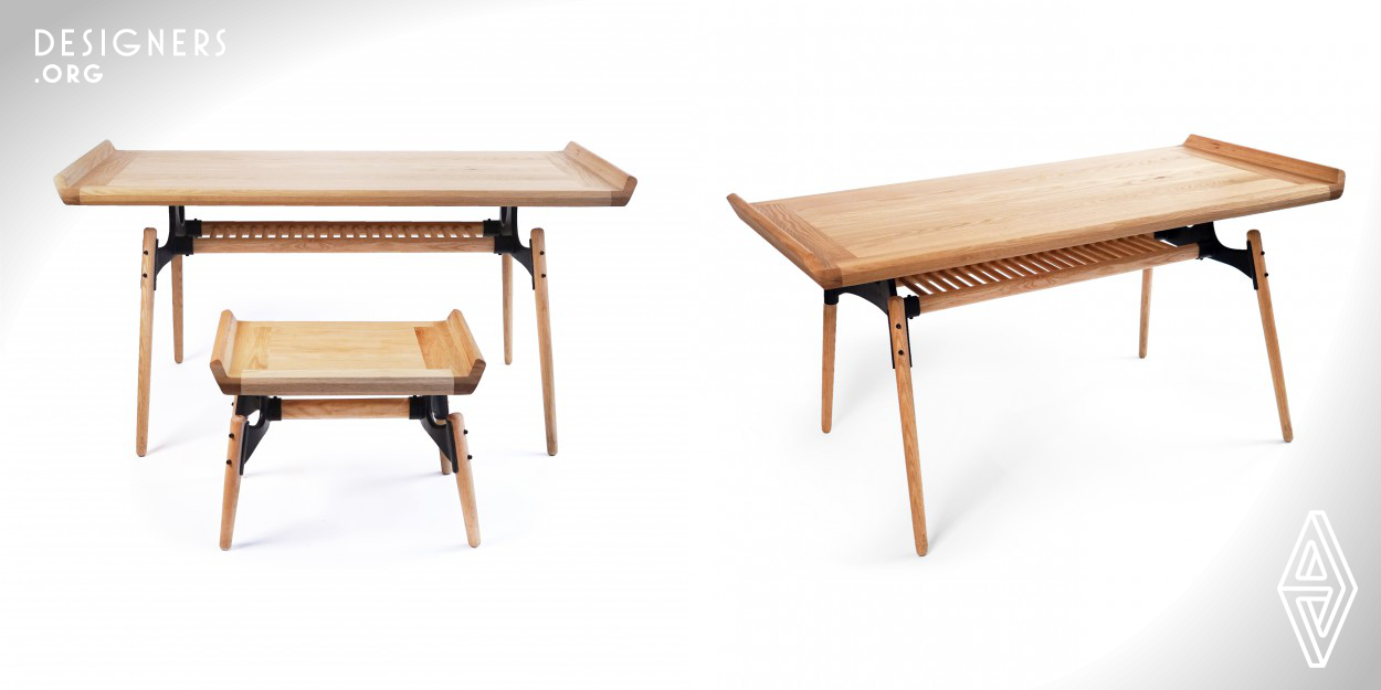This design is a new Chinese-style writing desk, according to the principle of Ergonomics, which integrates the Chinese Han Dynasty QiaoAn form into the writing desk design, in order to have its novel shape, reasonable function, smooth lines. The connection between the tabletop with chair face and table or chair legs is cast iron and the rest is made of the Red Oaks. Combining the new Chinese style and the metal elements with the minimalistic wind reflect the functional comfort and the rationality of the material use.