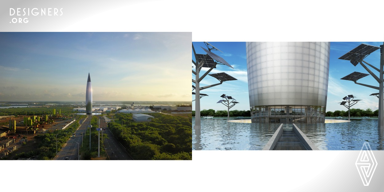 A sustainable glass and steel structure as the new icon of Barranquilla, Colombia´s port city. Inspired by the marquise diamond cut known as the boat-shaped /navette, reimagines the heritage and cultural treasure of the future city. It contributes to sustainability through a mirror of water with two concrete tanks that collect rainwater, avoiding contamination and collapse of drain lines, allowing reuse of water for irrigation. The obelisk, 145mt tall the highest in Latin America. Its led system and breathtaking panoramic views offer a new identity to current and future generations. 