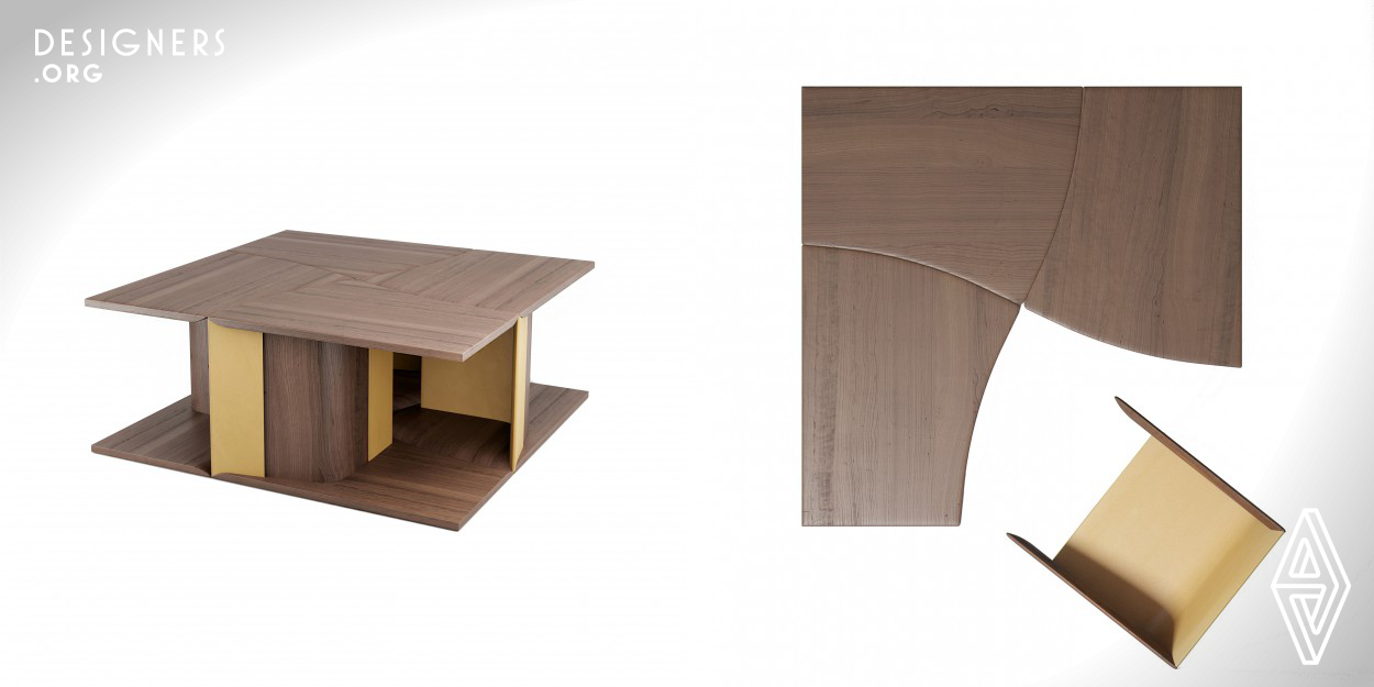 Four Quarters is a coffee table and additional compact armchairs at the same time. It consists of four identical parts. They form a coffee table with a combination of wood and leather or textile textures when stacked together like a puzzle. In situations where additional chairs are required, any parts can be moved away, turned over and get extra compact armchairs. This piece of furniture helps to solve the problem of storage of additional chairs, combining several useful functions instead of one. Thereby this object may be relevant for private and public spaces.