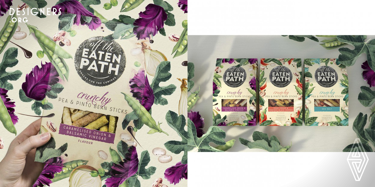 Motivated by authentic experiences that pique curiosity, Off the Eaten Path is a new range of premium plant based and vegetable snacks with unexpected blends of familiar ingredients. The hand-drawn illustrations, inspired by premium health and beauty categories, romance the key ingredients inside. The bag in carton structure stands out at shelf amongst the competition.