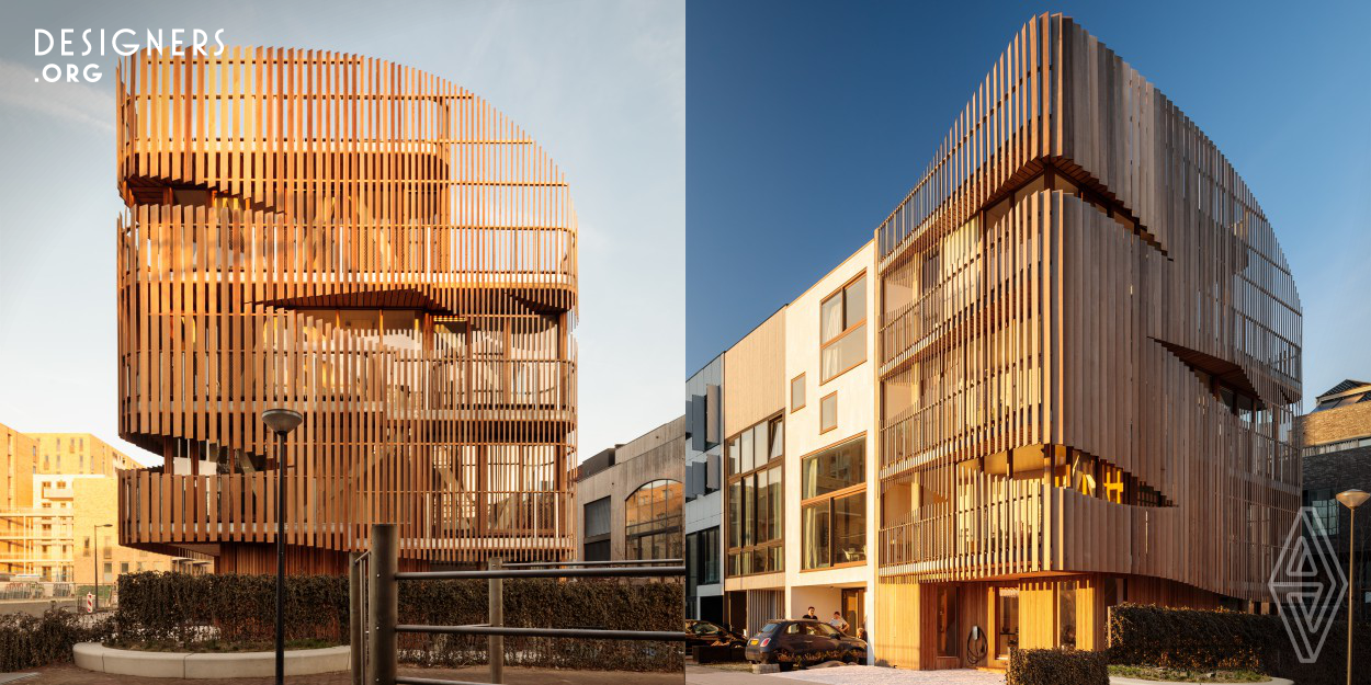 Designed and developed by Amsterdam-based studio GG-loop, the residendial project is an expression of the studio’s philosophy of responding to the design brief with the experience and well-being of the end-user in mind. The movement of the sun year-round was studied to create the parametric shape and positioning of the building’s louvers, allowing optimal sunlight to flood the apartment while at the same time maintaining the necessary privacy of the inhabitants. The floor-plan and organic lines were also created with careful consideration to daily use and the typical tasks of the dwellers.