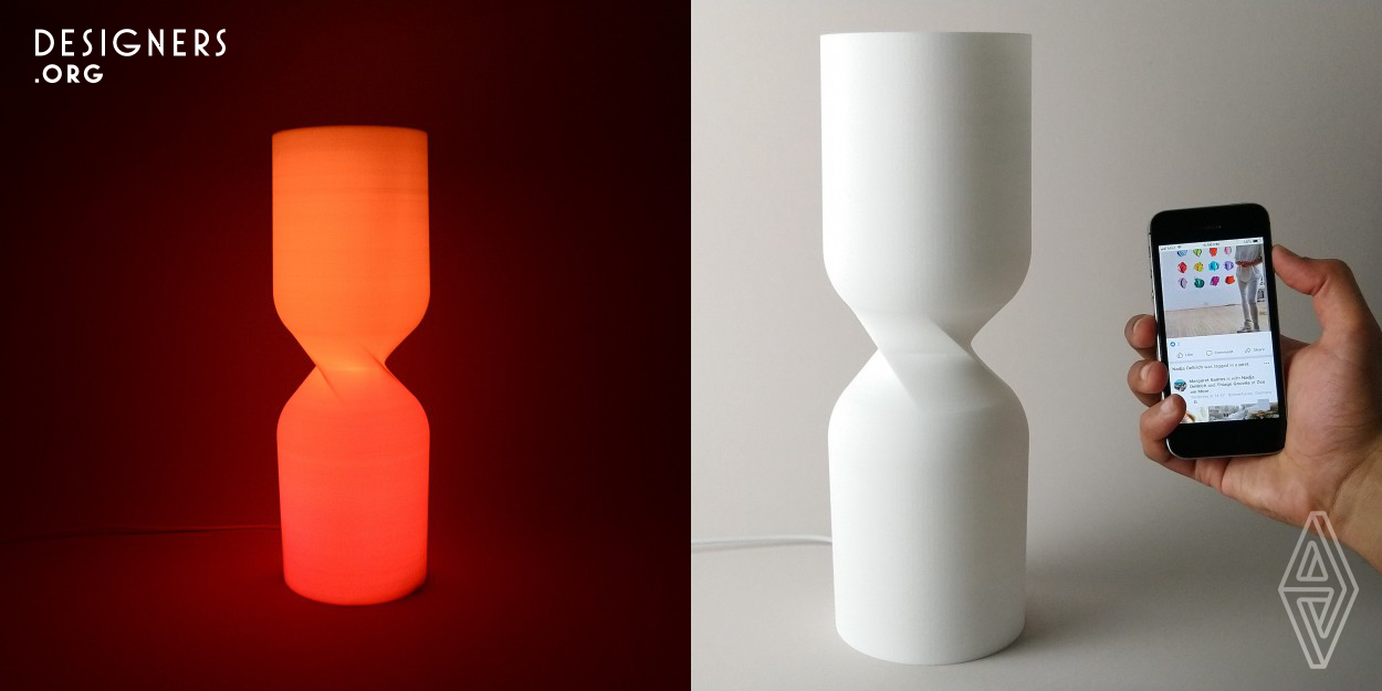 enLighten is an hourglass-shaped bedside lamp that tracks your phone use in bed and correspondingly transitions its light color from a pleasant mint green to a throbbing red to make you aware of prolonged phone interaction. The lamp rewards good behavior by transitioning the light in reverse when the screen is turned off for a few minutes. It lets you determine and set goals of time and the apps to track. Through these functions enLighten nudges you to break away from your phone, avoid being over-loaded with online content, be mindful of the passage of time, and prepare you to fall asleep.