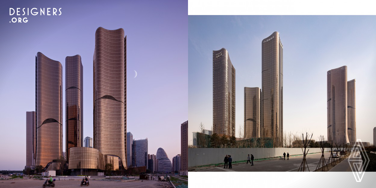 The project consists of four high-rise Grade A office towers including a corporate headquarters, a high-rise apartment building and a multi-functional commercial & convention complex. Podiums contain retail, F&B, banks and entertainment. The iconic building masses can be perceived as a complex of integrity, a staid image appropriate for a Corporate headquarters intended as a predominant commercial landmark of Dawangjing area as well as Beijing City.’