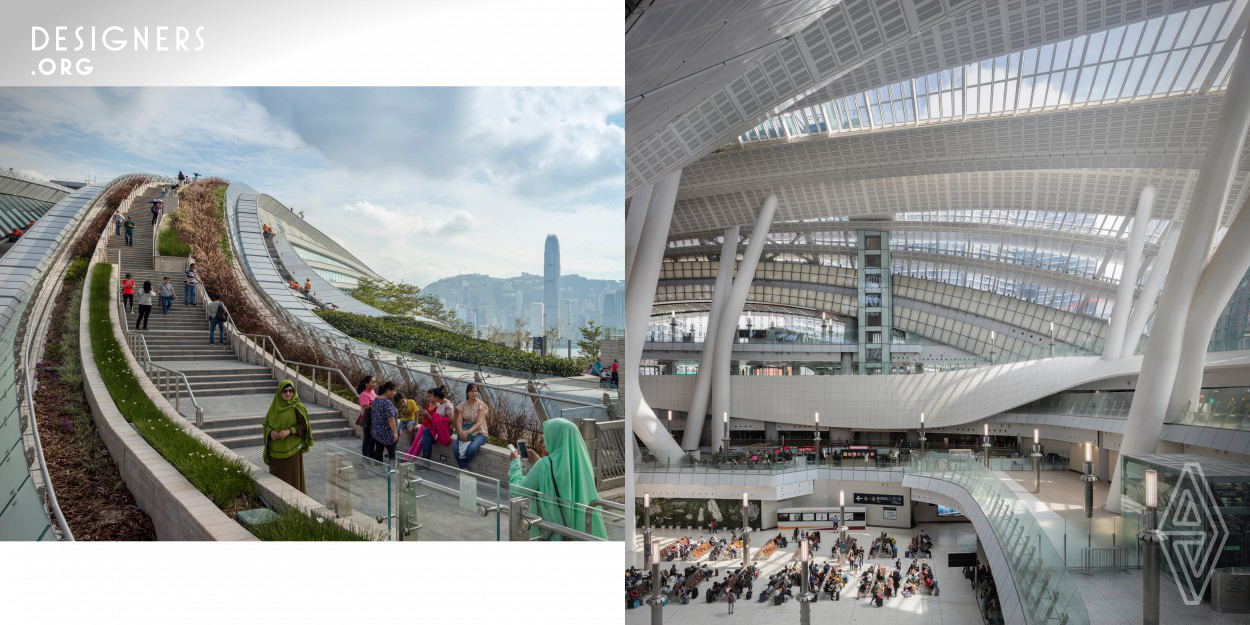 This underground high-speed rail terminus will connect Hong Kong to Beijing via the largest rail network in history. Located centrally in Hong Kong, within the city’s existing urban realm, the 430,000 m2 (4.6 million ft2) facility with fifteen tracks will be the largest below-ground station terminus in the world. The site’s prominence immediately adjacent to the future West Kowloon Cultural District and next to Victoria Harbour required a design that was completely motivated by civic demand.