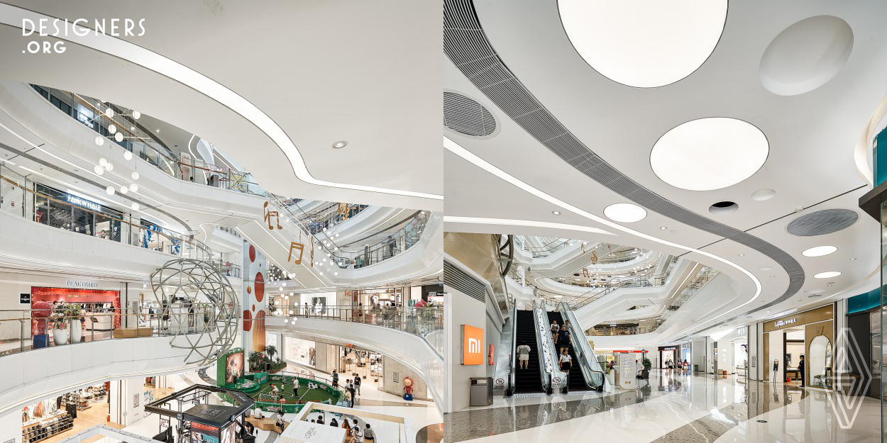Inspiration by “flowing water”,The simple lines are combined with the curved shape. Indoor space continues the sense of flow design,with three arc-shaped atrium streamlined shopping line, creating a level of smooth visual sense. Extract the fashionable and simple white from the rhythmic elements, as well as the use of artistic hollowed out shape sphere and block LED shape bridge screen and other elements, And the use of light-emitting curves and dots to enhance the sense of rhythm of flow, create a memorable shopping mall.