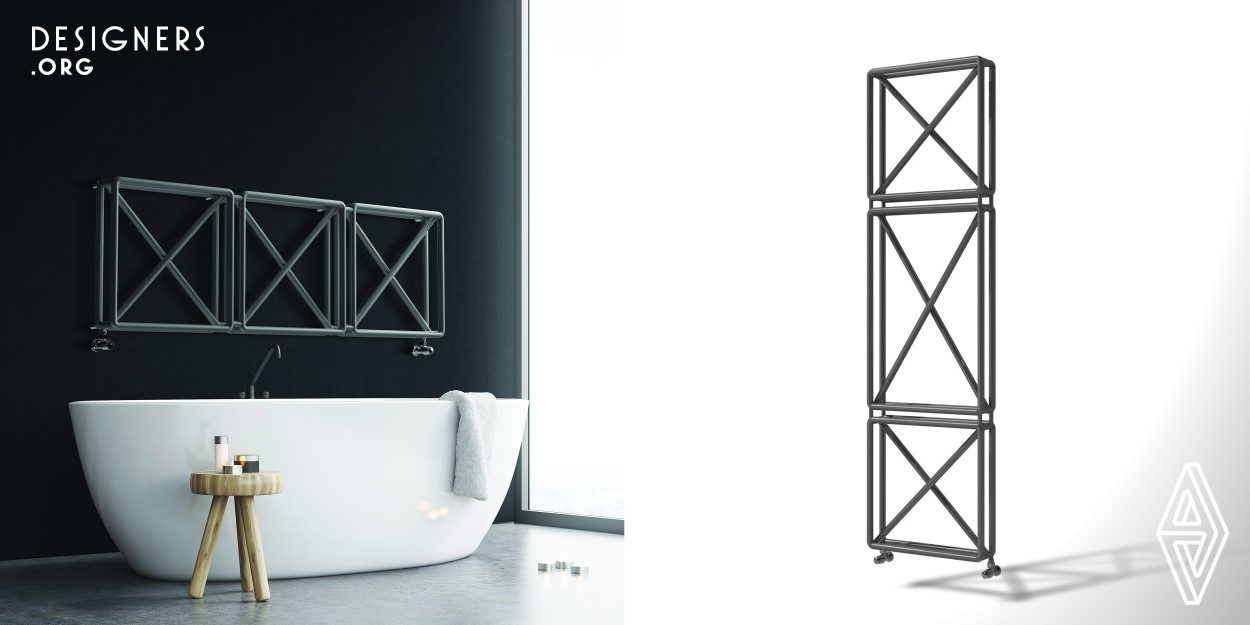 The x sign is used by Davide Diliberto to remind architectural elements like construction structures or scaffolding, in order to make an usually large object look empty and lightweight, with a neutral appearance. Raw is a family of radiators, made of curved and welded pipes, three dimensional, featuring a diagonal cross. It comes in different shapes and sizes, in vertical or horizontal layout. Thanks to the framework structure, any single unit can act as a heated towel rail.