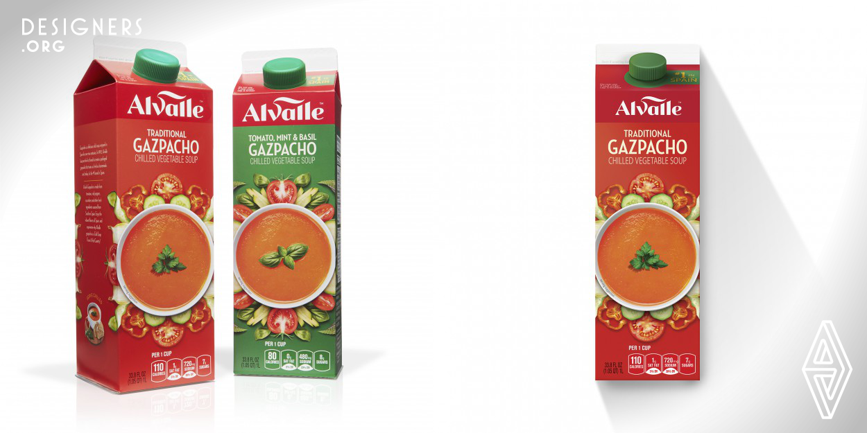 Alvalle is Spain’s leading gazpacho brand, delivering an experience that evokes homemade freshness and authenticity. In need of a visual expression to match its status as the category branded leader, Alvalle sought to elevate the story of its fresh, premium ingredients to compete with the abundance of gazpacho brands emerging in markets outside of Spain. With a contemporary design, its personality comes to life in the harmonious blend of fresh ingredients. The vibrant red represents the passion and commitment of the brand and the logo mark evokes the bravado and heritage of Spanish culture.