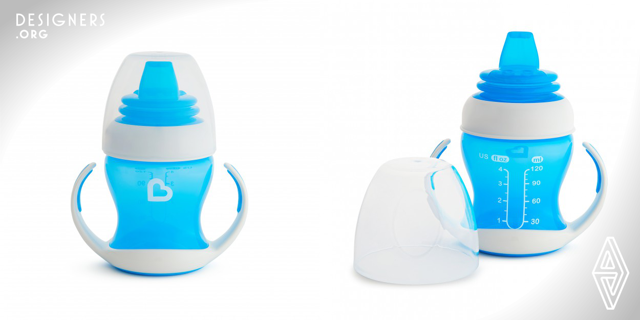 It becomes clear that babies are ready to transition out of a bottle and into a sippy cup when they begin trying to hold the bottle themselves. The transition process can be frustrating for baby and for parents, but the Gentle Transition Cup is ideal to make the training process easier. While feeding, the uniquely designed nipple flexes as baby's head moves. This allows baby to maintain proper latch, decreasing ingestion of air and reducing feeding frustrations for baby. With the removable, easy-grip soft handles and a snap-tight lid, this cup is ideal for both homes and in a hurry.