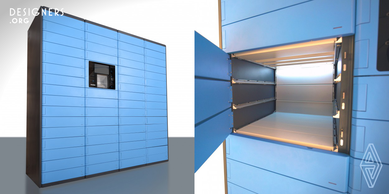 World's first dynamic parcel locker which can provide different box sizes by folding/unfolding its shelves and merging/unmerging its doors, thus maximizing usable space in minimum footprint. This unique capability makes the device usable for various service providers, offering an intuitive experience for end users without involving them in technical complexities.