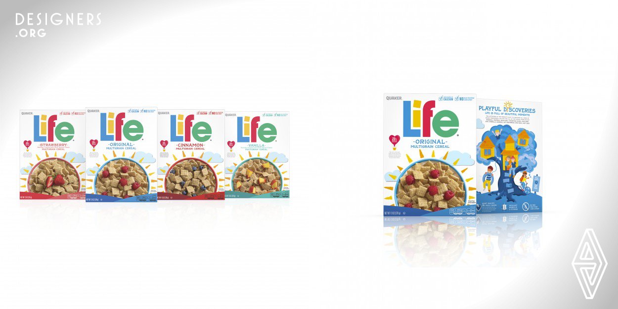 The Life redesign challenge was to retell the brand story to reflect what people love about Life and deepen the brand's emotional connection. Life’s new look now embraces the core of the brand values in a way that attracts families shopping the cereal aisle. The front panel reflects the perspective of a child who has drawn a sun around their breakfast bowl, crafting a story rooted from imagination. The drawing represents how Life greets the morning sun and happiness. This carries through to the back panel where fun games are introduced for families to enjoy as a kick start to a brighter day.
