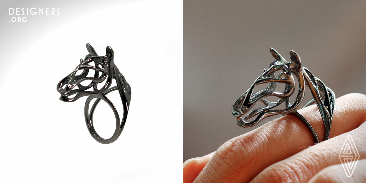 Desmond Chan is a jewelry designer based in London. In his designing process, he aims to design energetic, limited and customized jewelry. The idea is to make use of 3D printing technology to produce intricate details jewelry. Zodiac Horse Ring is structurally interconnected with a complex wire network of different thickness that provides the ring with a resilient surface tension and overall strength of structure. Desmond created a stylized horse leaving many negative spaces to explore the delicate balanced tension between positive and negative space.