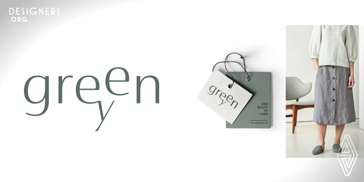 Green Grey is a womens fashion brand inspired by the raw beauty of linen. The logo is created by combining green and grey colors to get one color, as well as combining the two words of three identical duplicate letters joined together. By sticking to a minimalistic approach, using simple type and muted color, the logo conveys the eco friendly position of the brand. Linen is one hundred percent recyclable, making it the perfect choice for environmentally conscious people.