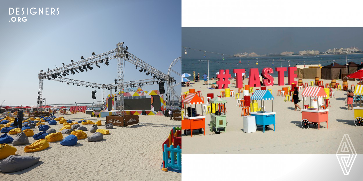 The event was designed to be especially creative and exceptional. Viola brought The Beach to life as a destination, offering solutions covering all aspects of Taste, Play, Enjoy. Various colourful and bright elements blended perfectly with the sandy tones of The Beach bringing a funfair mood to the area and a festival atmosphere. Customized F&B carts created an attractive welcoming design to draw visitors. The three main areas were atmospherically defined with certain elements like venue zoning, food area festoon lights, and sky tracker flood-lights to attract crowds from a distance. 