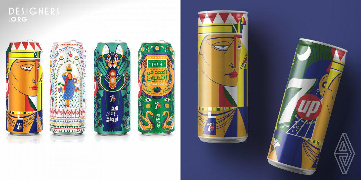 7UP champions originality and helps people get back to their most authentic selves. The 7UP Egypt Limited Edition Series, created in partnership with Egyptian artist Ghada Wali, celebrates Egypt’s identity, various eras, themes, and styles. The campaign was an opportunity to celebrate and take pride in all things Egyptian. The series includes 4 illustrations: a pharaoh with pop art sensibilities teamed with bold lines and vibrant colors, modernized Egyptian trademark patterns, an iconic cat with lotus flower embellishments, and the diverse and kitschy art found on Egyptian trucks.