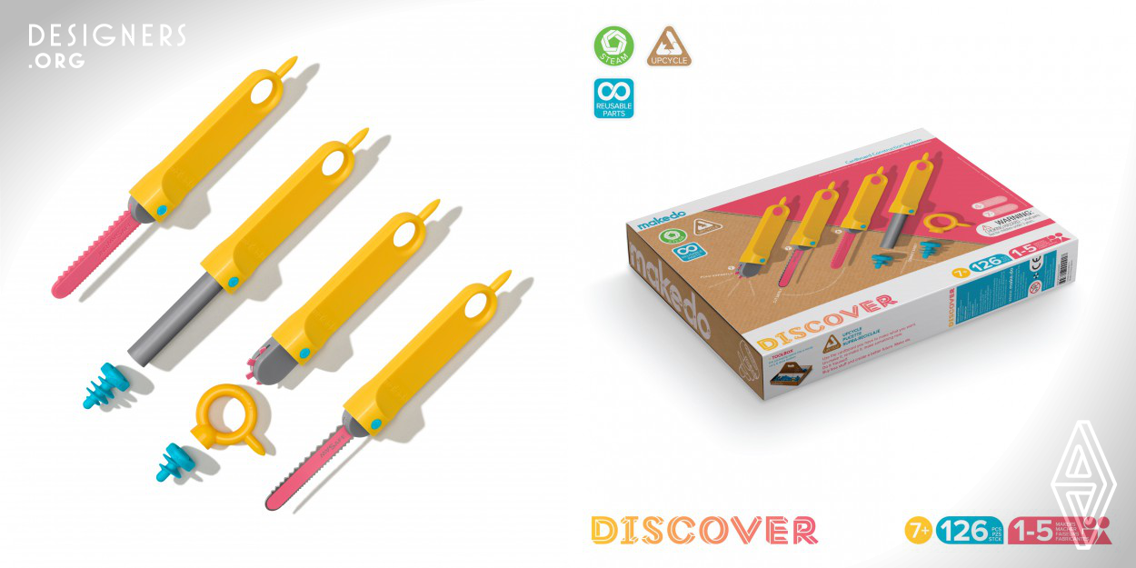 Makedo is a simple to use, open-ended system of tools for creative cardboard construction. The Makedo system comprises seven purpose-designed elements to enable children as young as four to safely cut, fold and connect cardboard with ease and independence. Makedo parts are sold in varying quantities from individual tools through to classroom kits. Creations made with Makedo can be any size depending on the cardboard supply and capability of the maker/s. From one person holding a small creation in their hand up to hundreds of people collaborating to build a football field sized maze. 