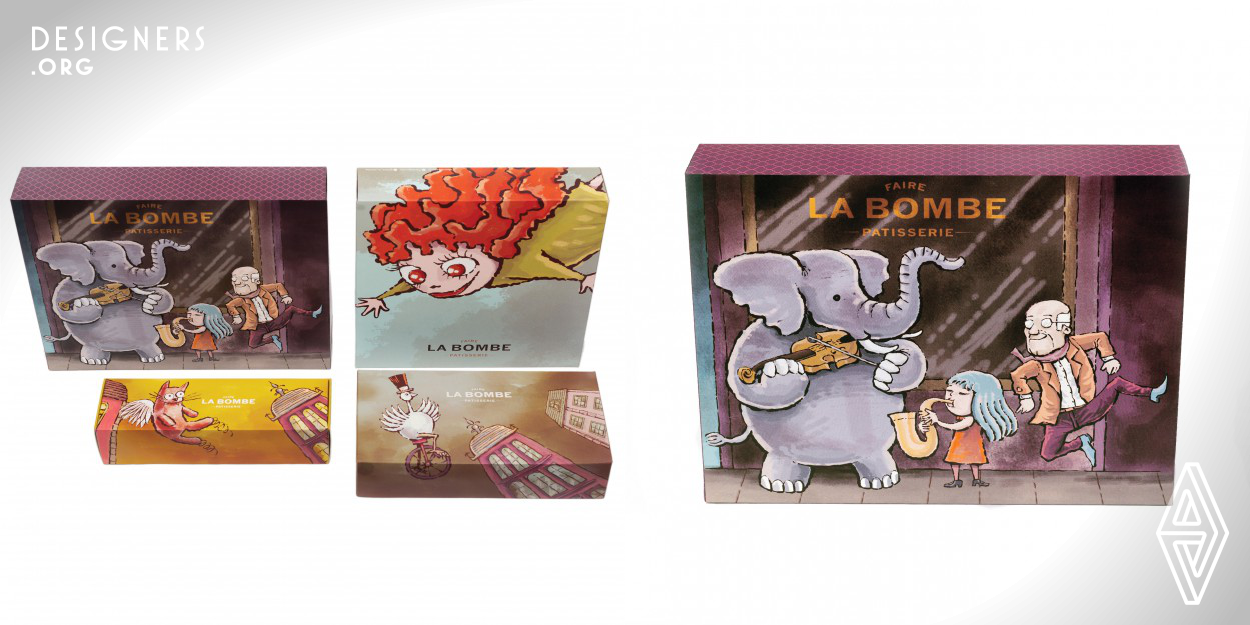 The visual identity of the La Bombe patisserie created by Laika consists of illustrations, such as a stork flying on a unicycle or a cat with wings in urban settings that refer to the neighborhood of La Bombe. These are fantasy scenes, since images have little fidelity to the real world. And permeated the packaging of the product, a traditional French candy known as eclair. With its unreal visual aspect, the packaging is an invitation to the consumer to try the products and the narratives of the brand La Bombe or to present with the packaging some friend or family member.