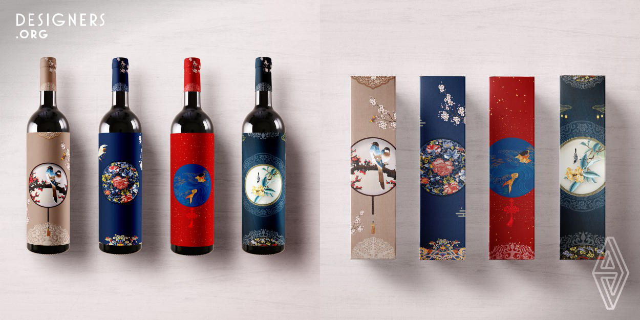 Imperial Palaces is a premium wine collection which people could collect or buy as a gift for their family and friends during Spring Festivals or New Year. It’s not only a wine set but also a special collection that decorated with traditional Chinese patterns which symbolize/delivers different wishes such as wealth, longevity, success and etc. The packaging design was inspired by traditional Chinese patterns. The patterns on the bottles had abundant means of artistic expression and shows exquisite elegance and luxuriant cultural implication of China. 