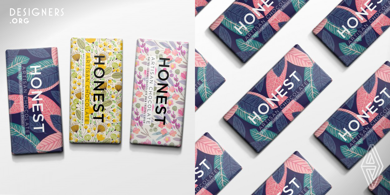 The Honest chocolate packages are designed by using illustration to create the imagine heaven wich absorb people immediately and provide them an idea about the taste of the products to help their purchase. Due to the fact that simple shapes have always been interesting to people they designed each flavor by abstract flowers by which the consumers will be clearly guided to the organic feature of the product. The purpose of packages is to provide the product which helps people to easily choose their preference and enjoy the products through the motto, “pure and healthy” chocolate.
